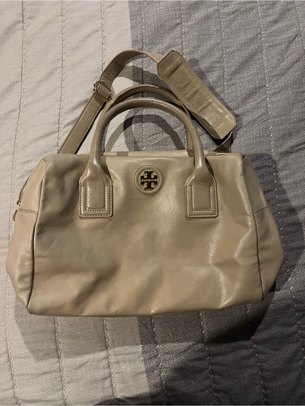 Tory Burch Beige Leather Satchel with Gold Logo